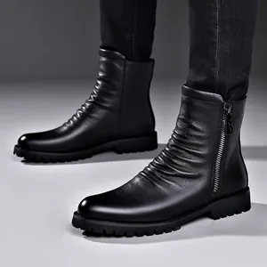 Heren Winter Rundleer Martin Laarzen High Top Zijrits Wol Fleece Gevoerd Warm Casual Antislip Dikke Zool Laarzen