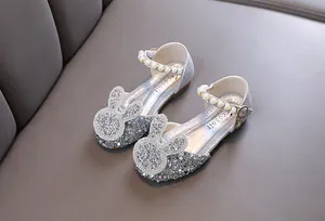 Silver glitter girls princess shoes with sparkling bunny design and pearl straps