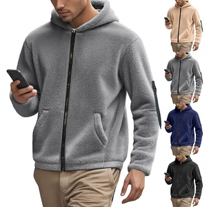 Cozy men's winter hooded zip-up polar fleece jacket shown in four different colors