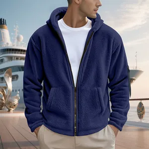 Detailed view of the navy blue polar fleece hooded jacket with front zipper and pockets