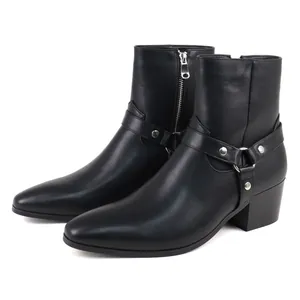 Bottines Chelsea élégantes en cuir noir pour hommes avec boucle et fermeture éclair