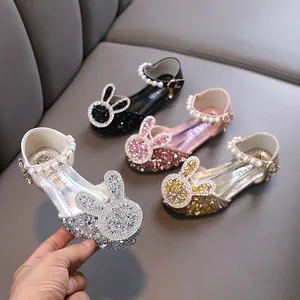 Girls Princess Rhinestone Shoes PU Leather Mary Janes With Artificial Pearl Strap Rabbit Decor Party Dance Dress Shoes