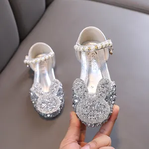 Sparkly silver rhinestone princess shoes for girls with bunny design and pearl straps