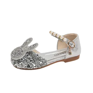 Elegant silver glitter girl's princess flat shoes with bunny ear design and pearl strap