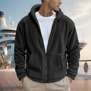 Men's heavy polar fleece hooded zip-up jacket for winter outdoor casual warmth