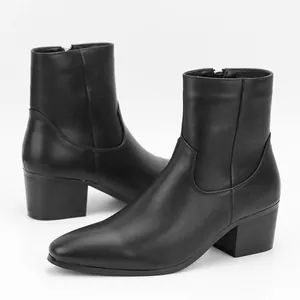 Botas de Tacón Alto para Hombre Moda Punta Estrecha Cremallera Lateral Tacón de Bloque Cuero PU Terciopelo Botas Elegantes