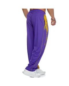 Detailed back view of men's purple quick-dry sports pants with yellow side print.