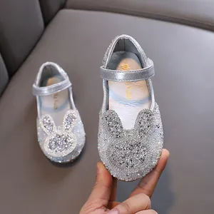 Sparkly silver girls princess shoes with rhinestone bunny detail for dance and parties