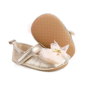 Goldene Baby Mädchen Prinzessinnen Schuhe mit rosa Tüllschleife und weicher Sohle