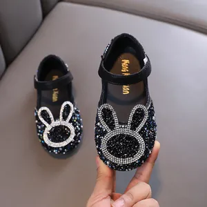 Sparkling black rhinestone girls princess shoes with bunny detail for dance performance