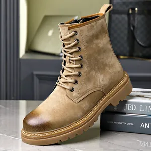Stivali Martin da Uomo Retrò in Pelle di Maiale Nabuk Stivali da Lavoro Alti Cerniera Laterale Stringati Suola in Gomma Antiscivolo Stivali Moda Casual