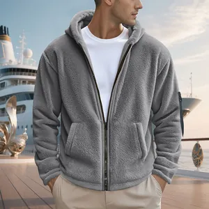 Detail view of grey men's winter hooded polar fleece jacket with full-zip design