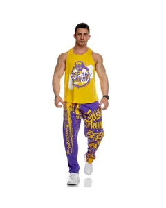 Men's loose quick-dry gym joggers featuring bold purple and yellow graphic prints.