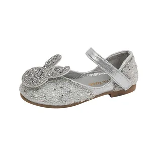 Sparkly silver rhinestone princess Mary Jane shoes for girls with bunny ear detail