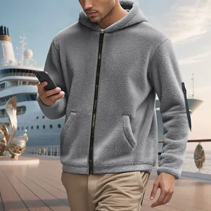 Warm grey men's polar fleece zip-up hoodie jacket with pockets for winter travel