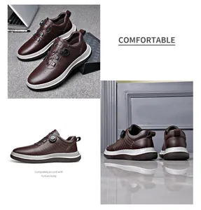 Vista detallada de zapatos de golf marrones para hombre con sistema de cierre rotativo