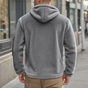 Detailed back view of a men's gray polar fleece hooded jacket showing soft winter texture