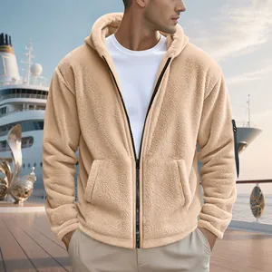 Close-up of a men's warm beige polar fleece hooded zip-up jacket for winter casual wear