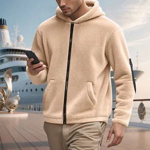 Men's winter beige sherpa fleece hooded jacket with full zipper shown on a cruise deck