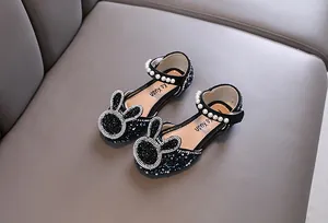 Sparkling black girls' princess shoes with pearl straps and rabbit design