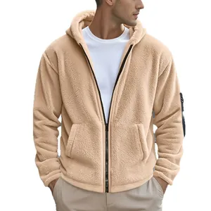 Men's warm beige polar fleece hooded zip-up jacket for winter casual wear outdoor