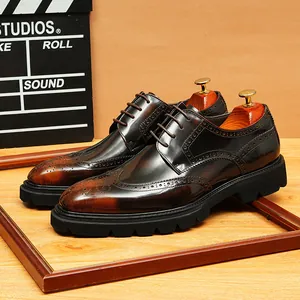 Chaussures Formelles en Cuir de Vachette Véritable pour Hommes Style Britannique Brogue Wingtip Sculpté Bout Carré Lacets Mariage
