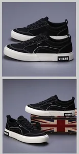Detailansicht schwarzer Canvas-Sneaker mit weißer Sohle und VIIEAS-Logo auf Vintage-Grund