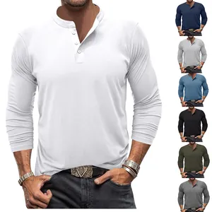 Herren Langarm Henley Shirt Einfarbig Slim Fit Polyester Lässiges T-Shirt Knopf Rundhals Top