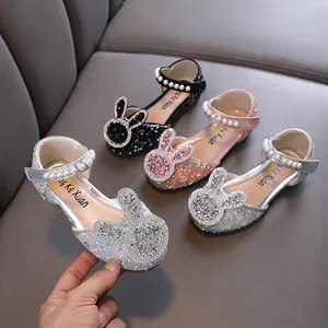 Girls Princess Shoes Cartoon Rhinestone Bunny Ears Pearl Decor Kids Dance Performance Sandals Silver Pink Black