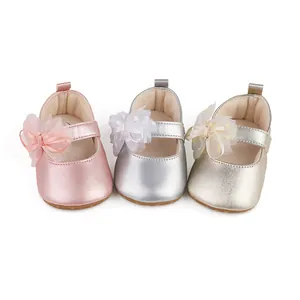 Soft non-slip baby girl princess walking shoes with mesh bow in pink silver gold