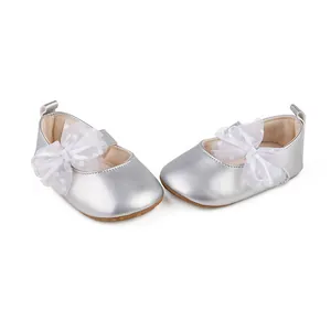 Silver baby girl princess shoes with white polka-dot mesh bows and rubber soles