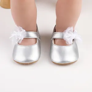 Metallic silver baby girl princess shoes with white lace flower bow and non-slip rubber soles
