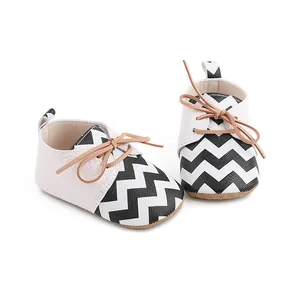 Close-up of baby walking shoes with black zigzag pattern and soft anti-slip rubber sole.