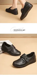 Detailed view of black genuine leather soft sole nursing shoes with hook and loop strap