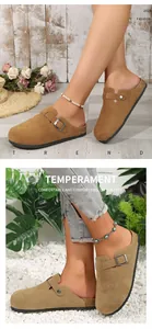 Stylish brown suede closed toe clogs with buckle strap on model in casual setting