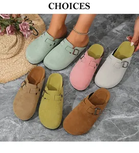 Detailed display of colorful suede clogs with adjustable buckle straps in autumn style