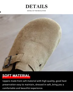 Detailed close-up showing the soft suede texture and elegant metal buckle on women's slippers