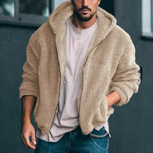 Giacca da uomo calda in pile sherpa beige con cappuccio e cerniera per l'inverno