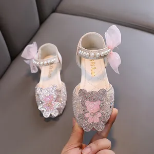 Chaussures de princesse roses à paillettes pour fille pour la danse avec décor d'ours strass