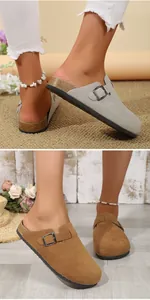 Detail of casual flat clogs with adjustable buckle strap and comfortable cork footbed