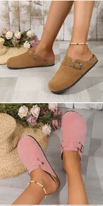 Detailed view of comfortable women's suede buckle mules shown in brown and pink options