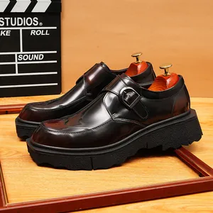 Heren Britse Stijl Monk Strap Echt Leren Nette Schoenen Glanzende Afwerking Puntige Teen Business Casual Dikke Zool Plateau Schoenen