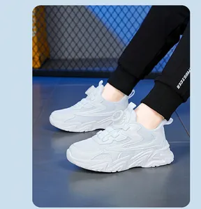 White breathable mesh kids sports sneakers with convenient rotary buckle closure