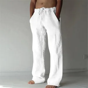 Pantalon décontracté en lin blanc pour homme avec taille élastique à cordon de serrage