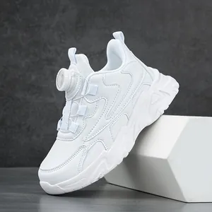 White Children's Sports Shoes With Dial Lacing System Breathable Mesh Leather Non-Slip Kids Casual Sneakers School Shoes