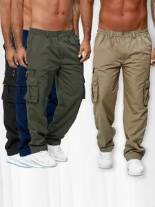 Pantalon cargo décontracté coupe droite pour hommes en noir vert kaki et bleu marine à poches