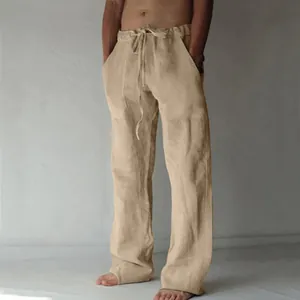 Pantalon décontracté en lin beige clair pour homme avec cordon de serrage pour l'été