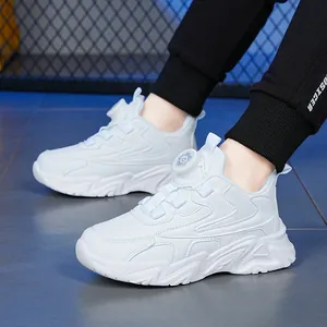 Children's white leather sneakers with rotating buckle and anti-slip thick sole