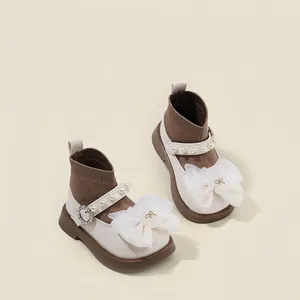 Zapatos de Calcetín de Princesa para Bebés Niñas Cuero de Microfibra Suela Blanda Primeros Pasos Con Lazo Grande Perlas Strass