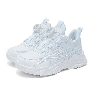 All-white children sports sneakers with waterproof upper and rotary buckle system